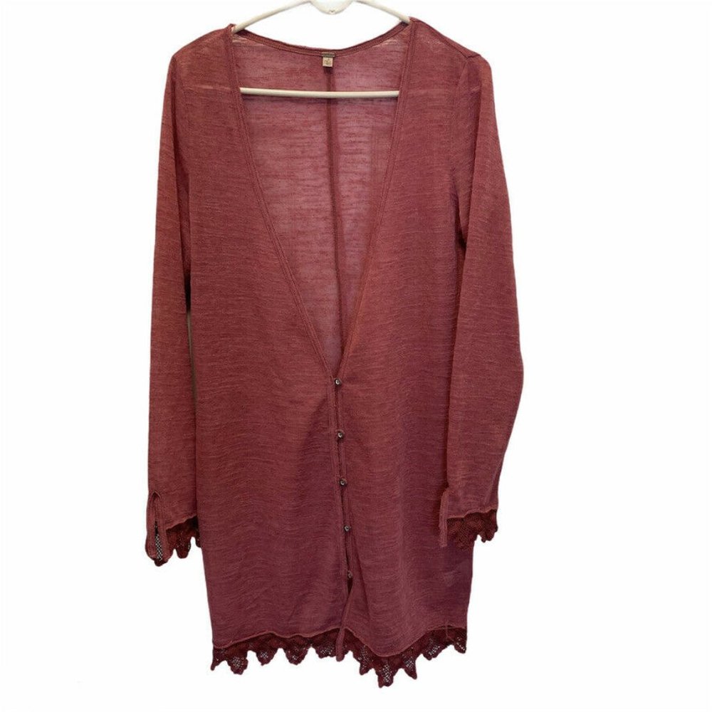 Free People Washed Red Longline Red Cardigan Lace